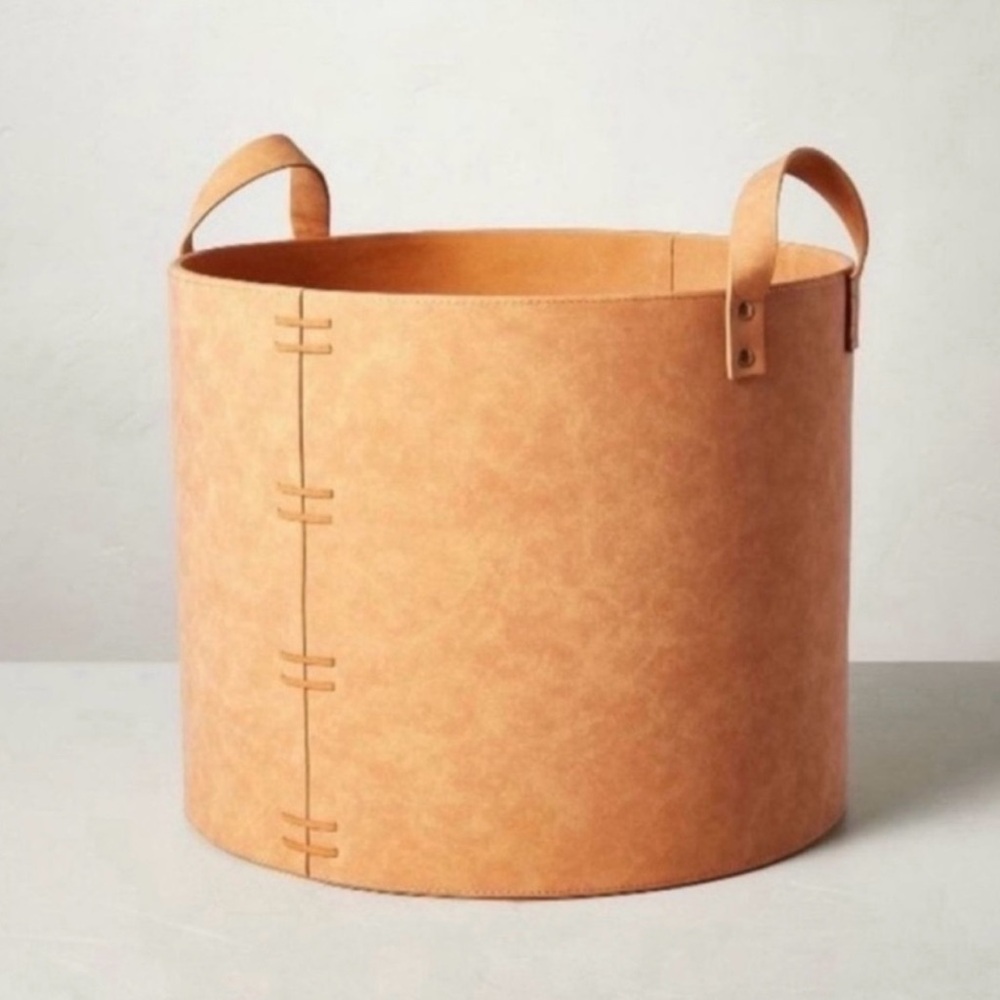Hearth & Hand w/ Magnolia LARGE Faux Leather Storage Bin Basket Camel Brown NEW